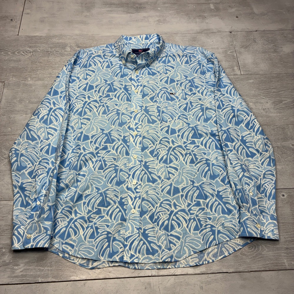 Vineyard Vines Tucker Shirt Mens XL Blue Monstera Leaf Linen Cotton Button Down